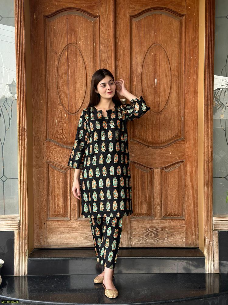 Two PCs women stitched printed Arabic lawn suite shirt and trouser t4trendz