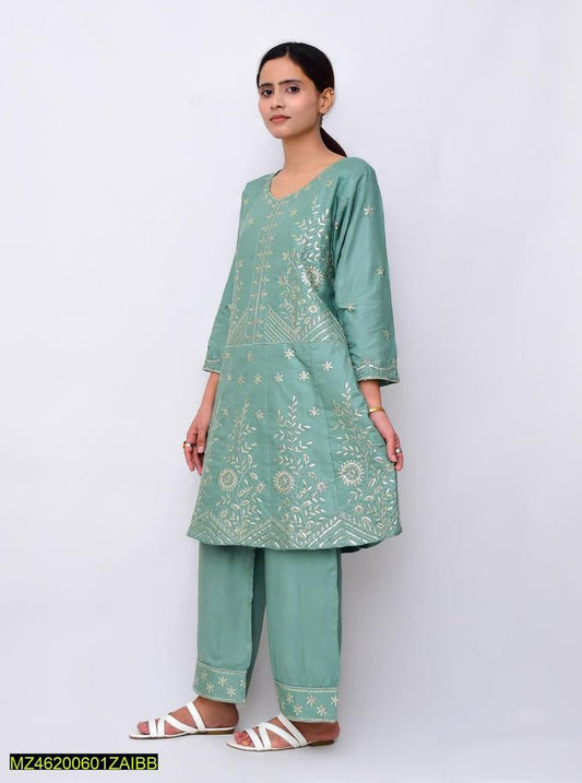 Two pieces women stitched linen frock suite Markaz