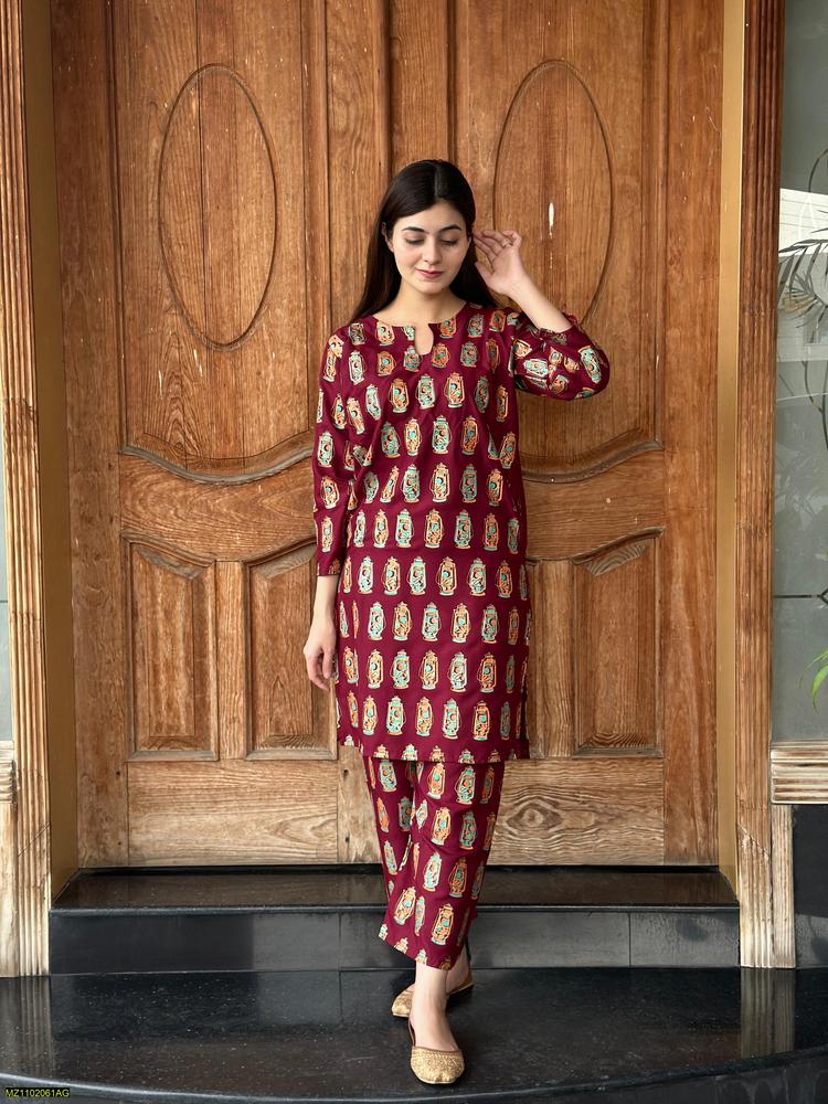 Two PCs women stitched printed Arabic lawn suite shirt and trouser t4trendz