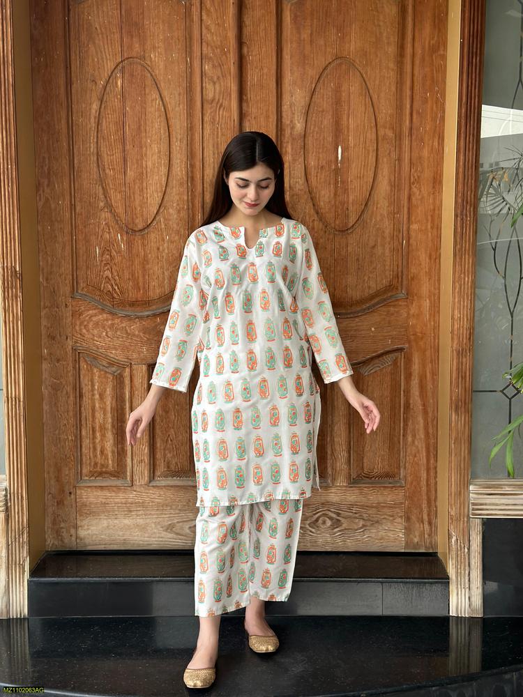 Two PCs women stitched printed Arabic lawn suite shirt and trouser t4trendz