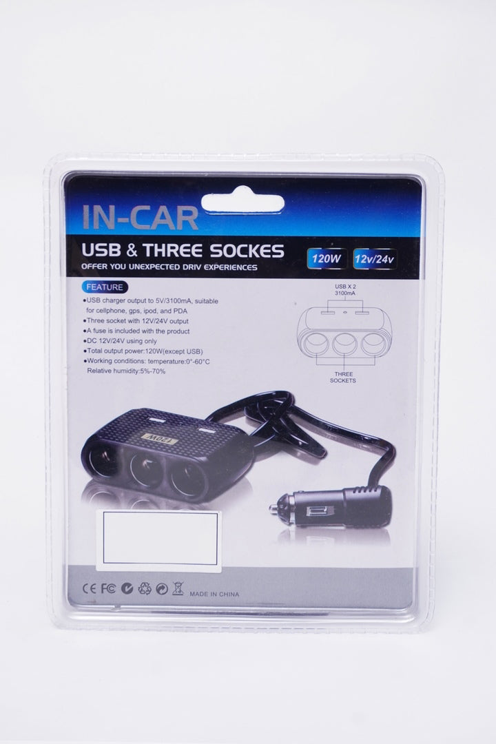 Car charger 3 in 1 usb socket t4trendz